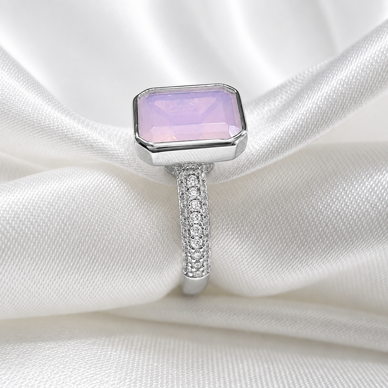 Pink Moonstone Bezel Ring (Rhodium or Rose Gold)