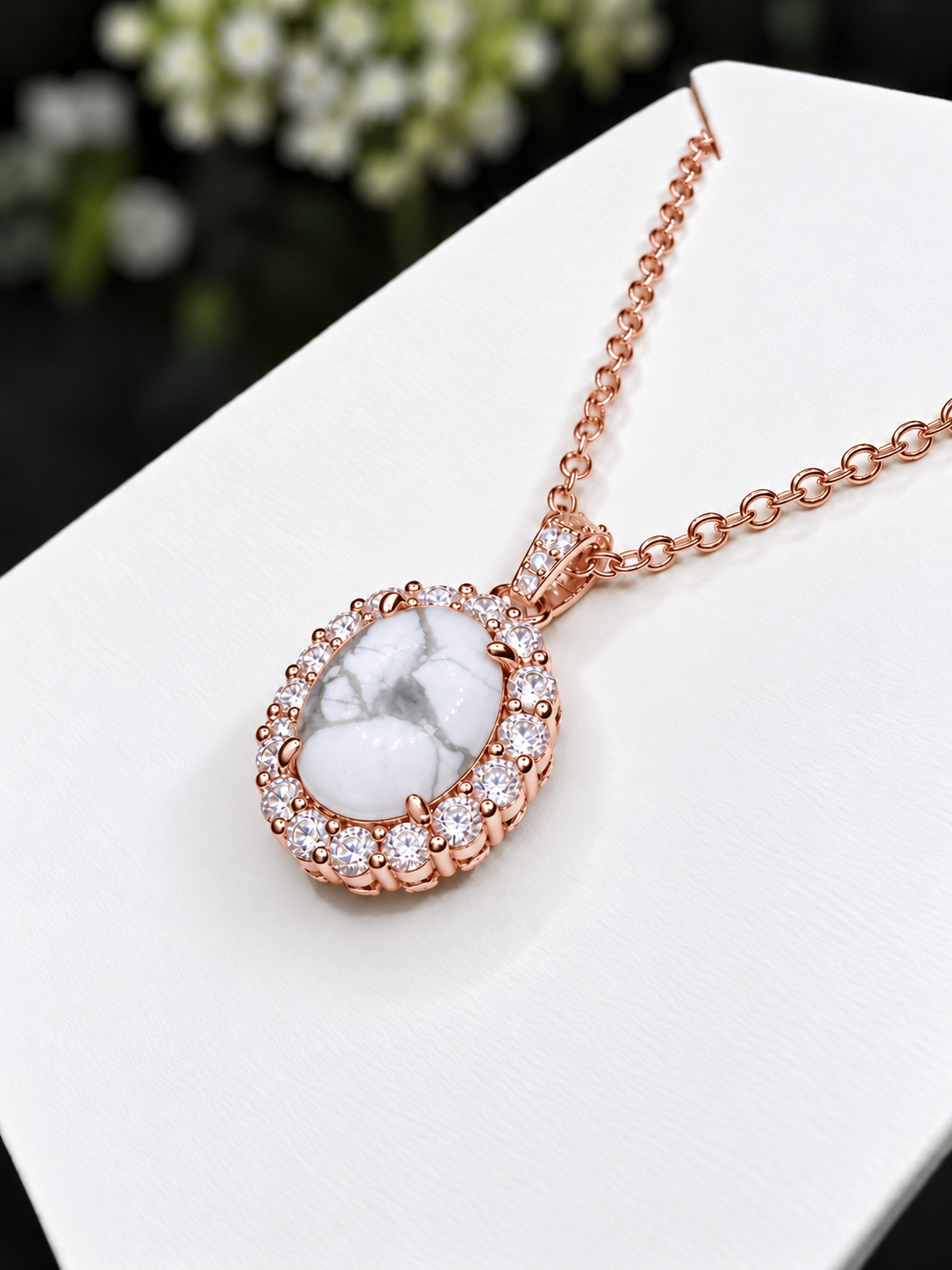 Genuine White Howlite Oval Halo Necklace (Choose your plating)