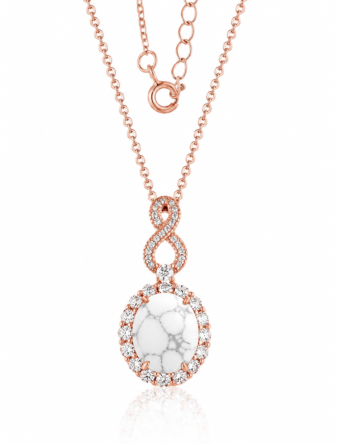 PRE-ORDER - 925 Sterling Silver Oval Cut White Howlite Halo Infinity Necklace (Choose your finish)
