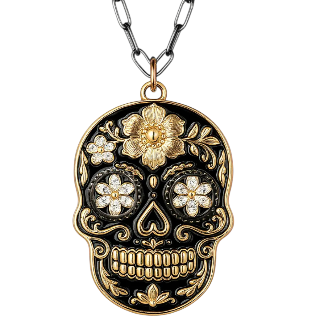 925 Sterling Silver Black & Yellow Gold Sugar Skull Pendant Necklace