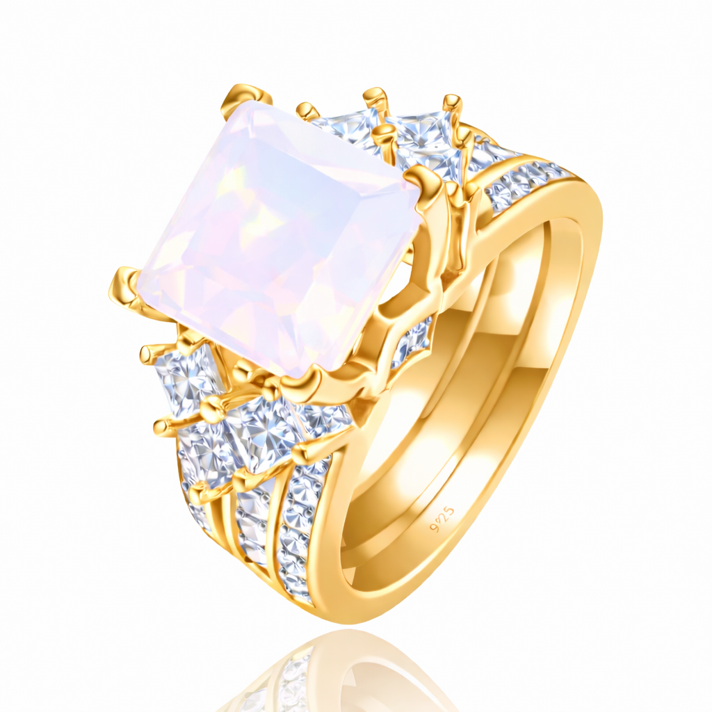 PRE-ORDER - 925 Sterling Silver Princess Cut, White Moonstone Tri-Band Ring (Choose your plating)