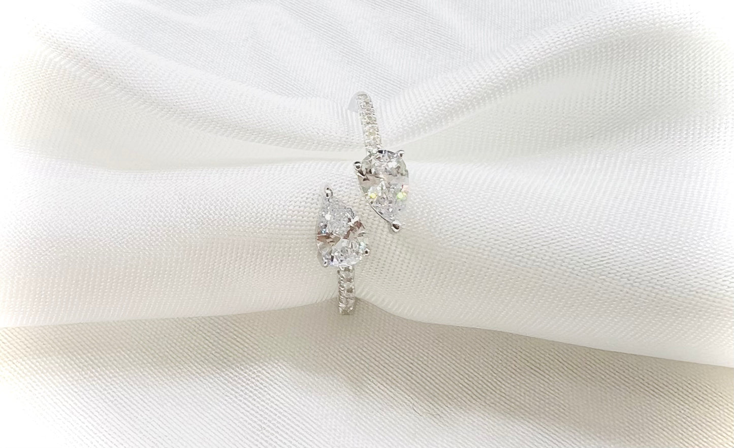925 Sterling Silver Twin Pear Cubic Zirconia Open Ring