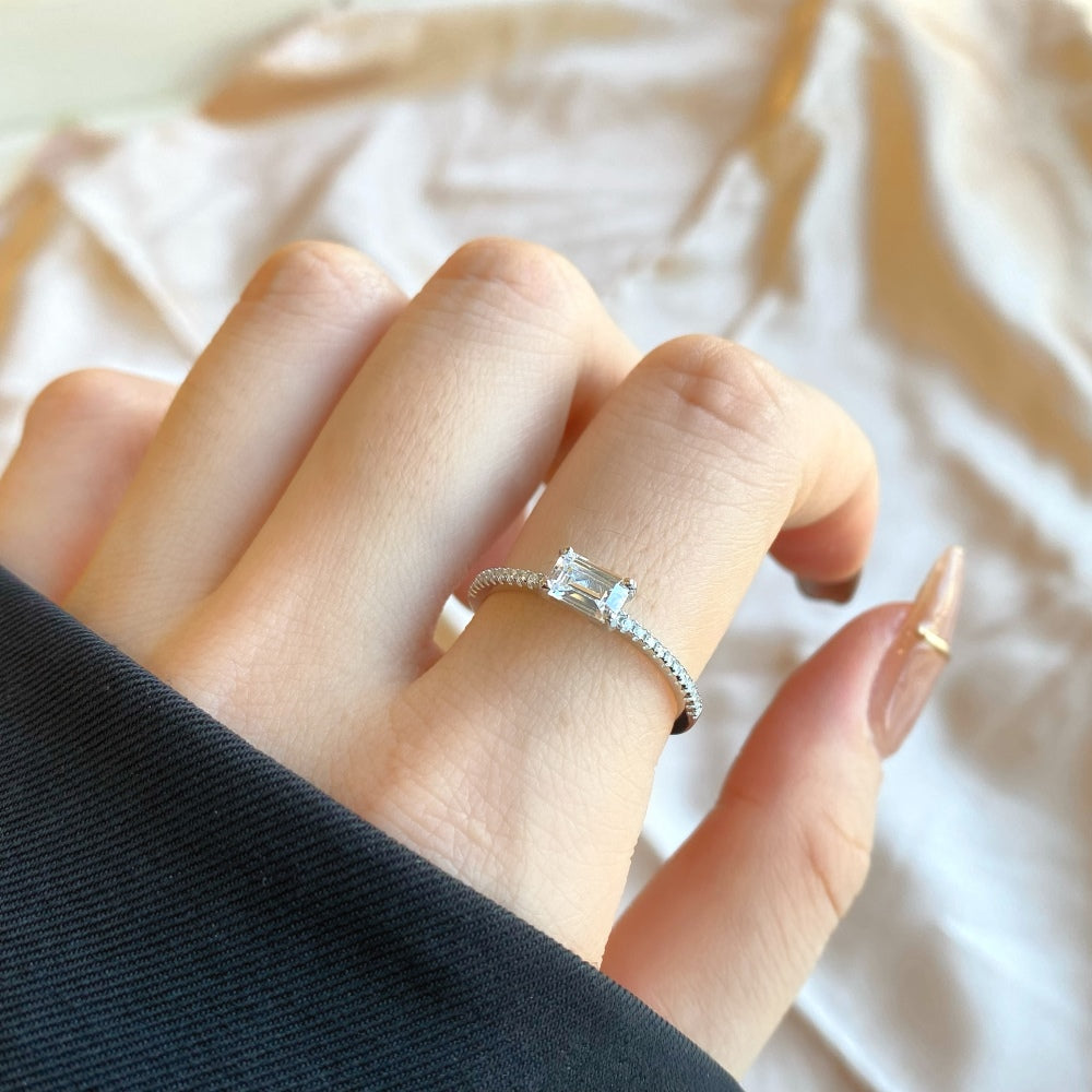 Dainty Sterling Silver Rectangle Shape Clear Cubic Zirconia Engagement Ring