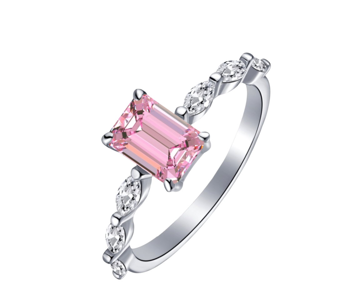 Dainty Sterling Silver Pink Clear Cubic Zirconia Baguette Engagement Ring