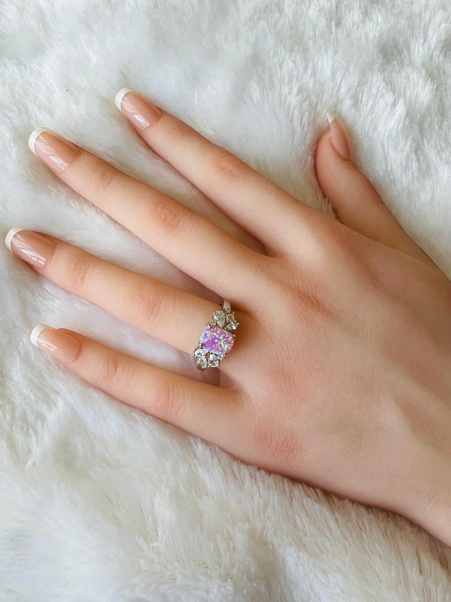 925 Sterling Silver Pink Lab Grown Fire Opal with Clear Cubic Zirconia Ring