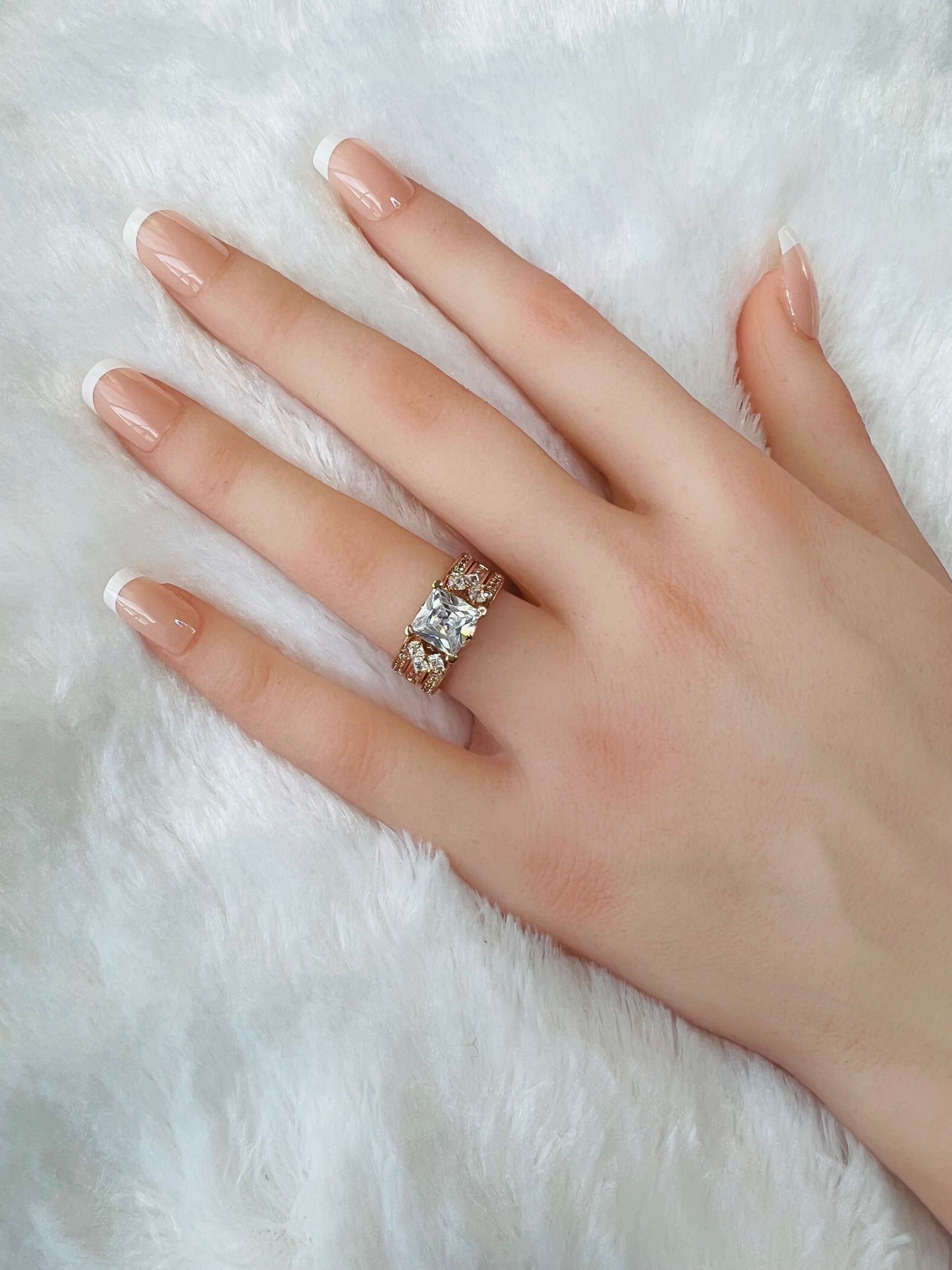 925 Sterling Silver Princess Cut, Diamond CZ Tri Band Ring on Rose Gold