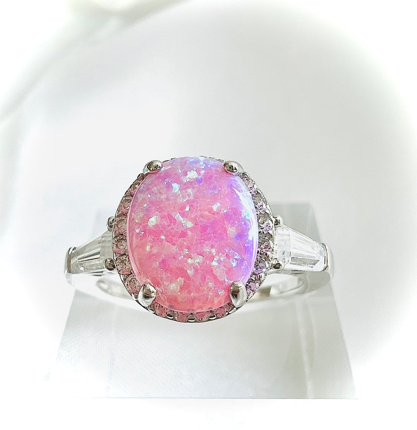 Sterling Silver Oval Pink Lab Grown Opal Cubic Zirconia Ring