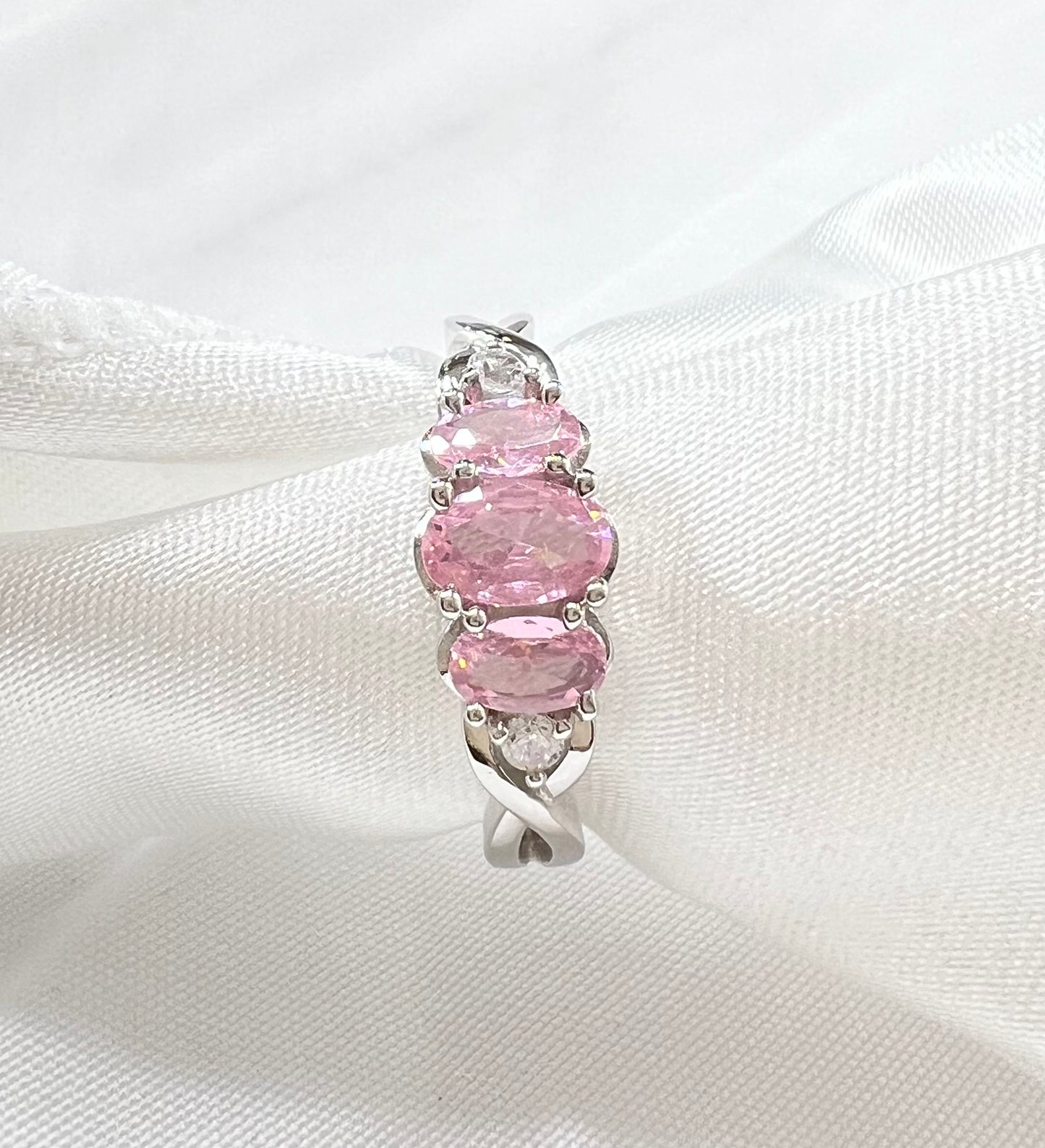 Sterling Silver Triple Oval Pink Cubic Zirconia Ring