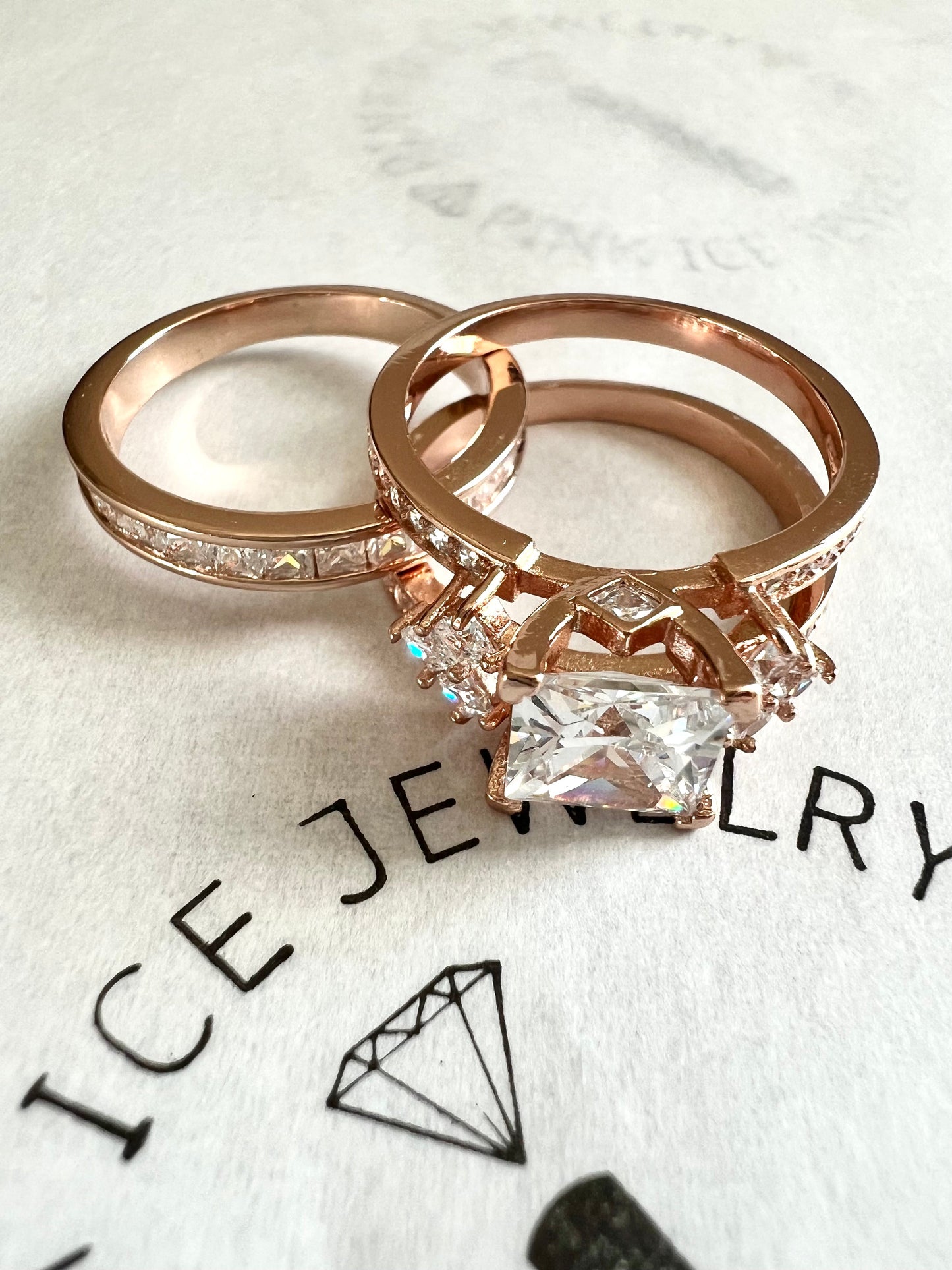 925 Sterling Silver Princess Cut, Diamond CZ Tri Band Ring on Rose Gold