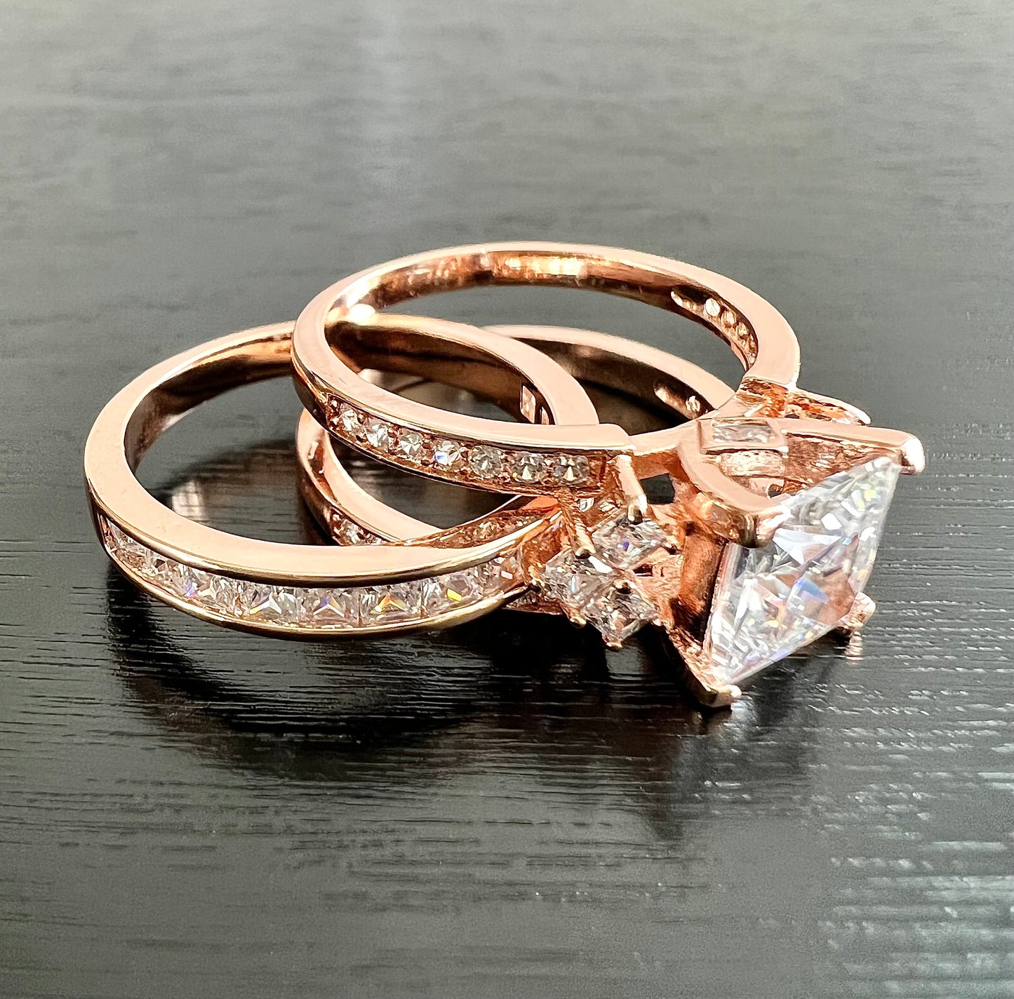 925 Sterling Silver Princess Cut, Diamond CZ Tri Band Ring on Rose Gold