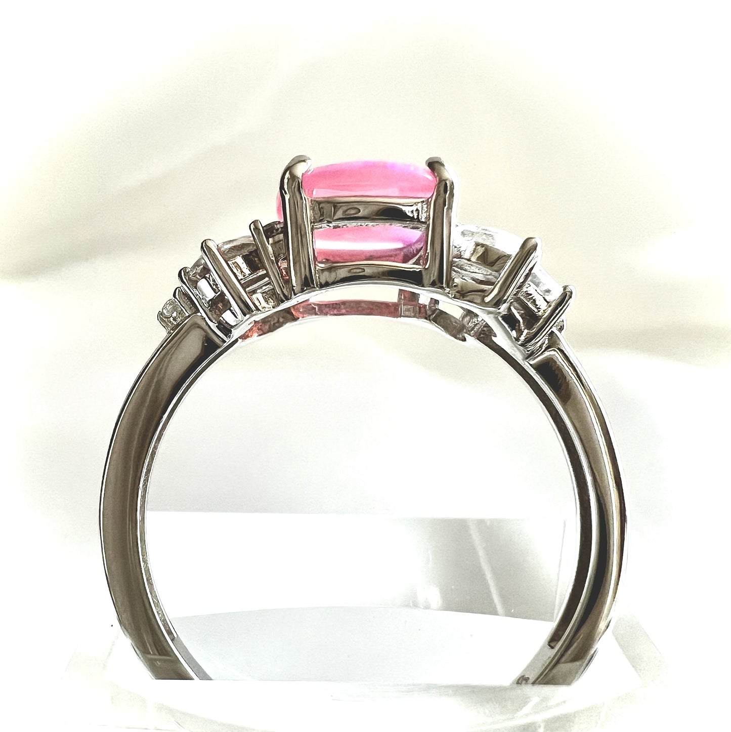 925 Sterling Silver Pink Lab Grown Fire Opal with Clear Cubic Zirconia Ring