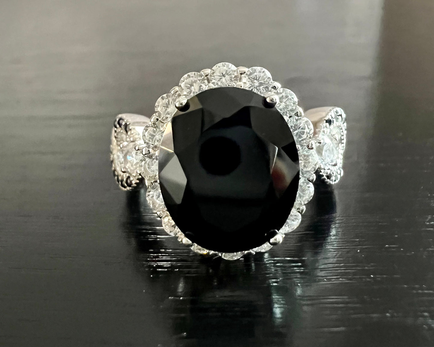 925 Sterling Silver Infinity Oval Cut Black Onyx & Diamond CZ Ring