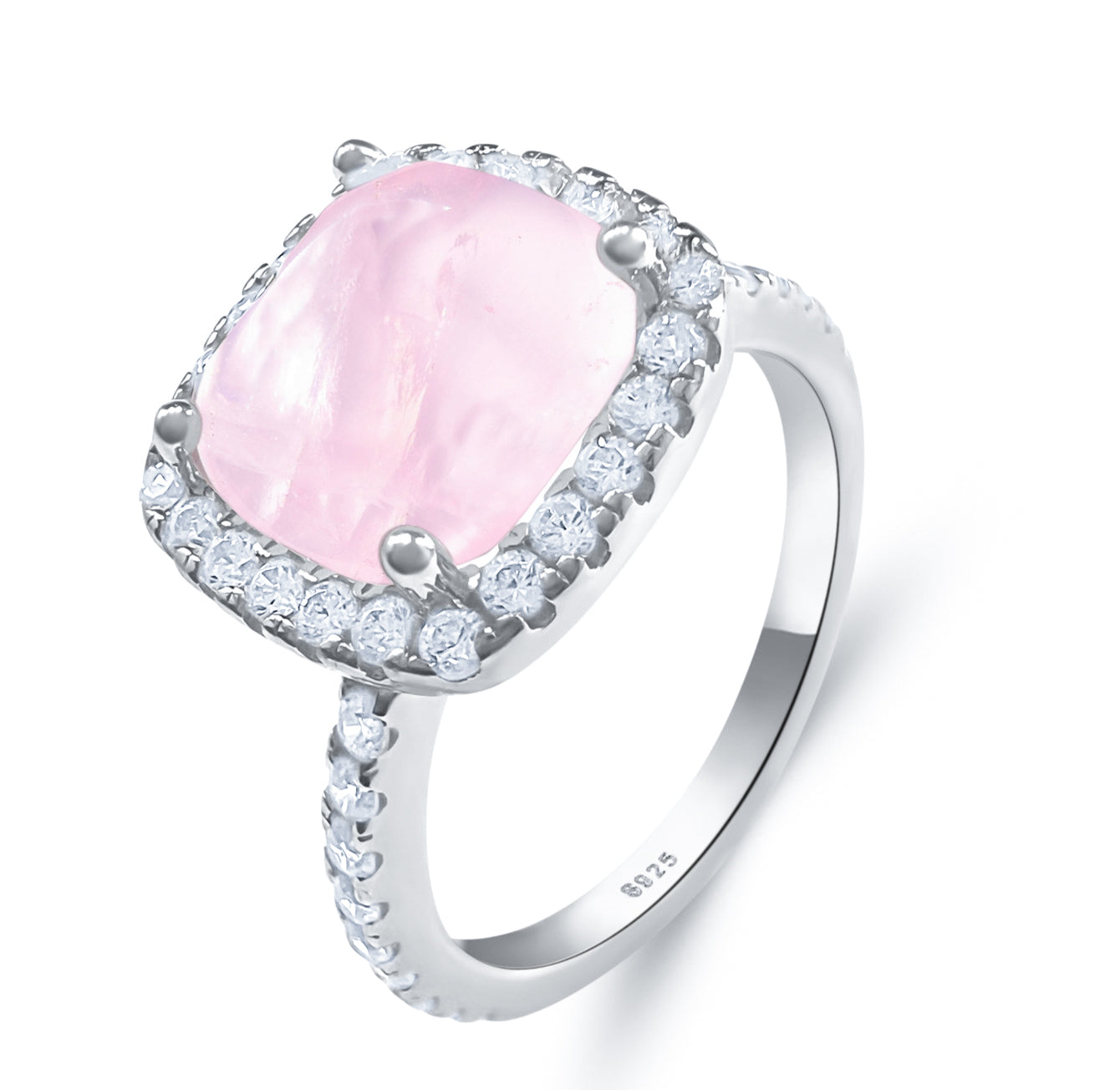 Misty Ice Pink Cubic Zirconia Cushion Cut High Setting Halo Ring in 925 Sterling Silver