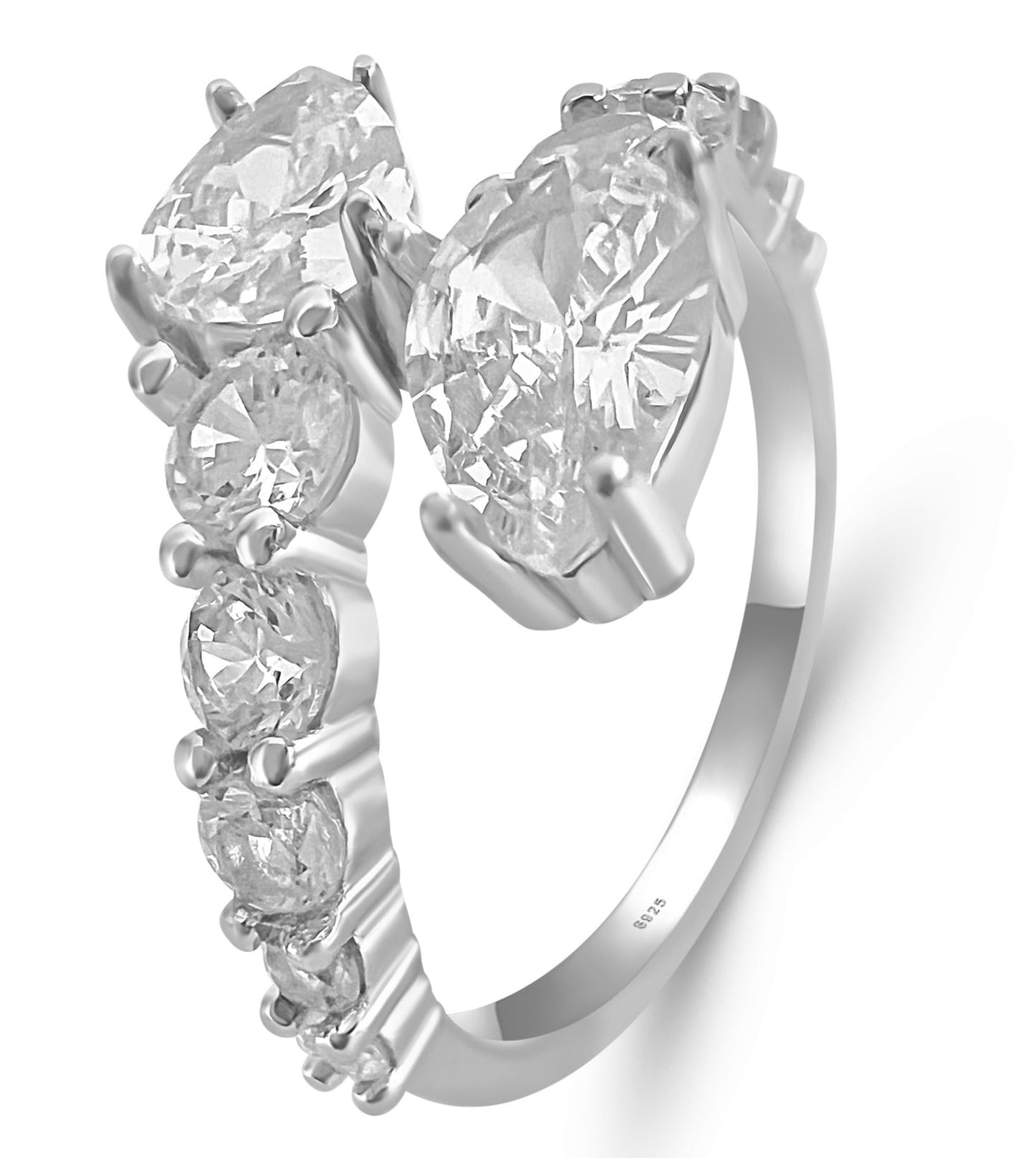 Sterling Silver Diamond Cubic Zirconia Bypass Adjustable Ring