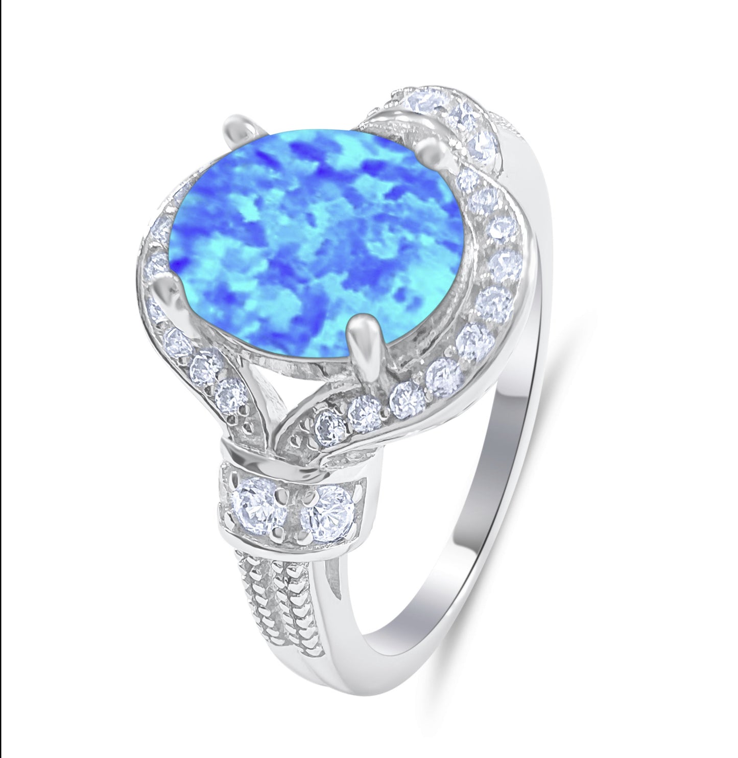 Elegant Blue Fire Oval Opal & Cubic Zirconia Ring Sterling Silver Ring
