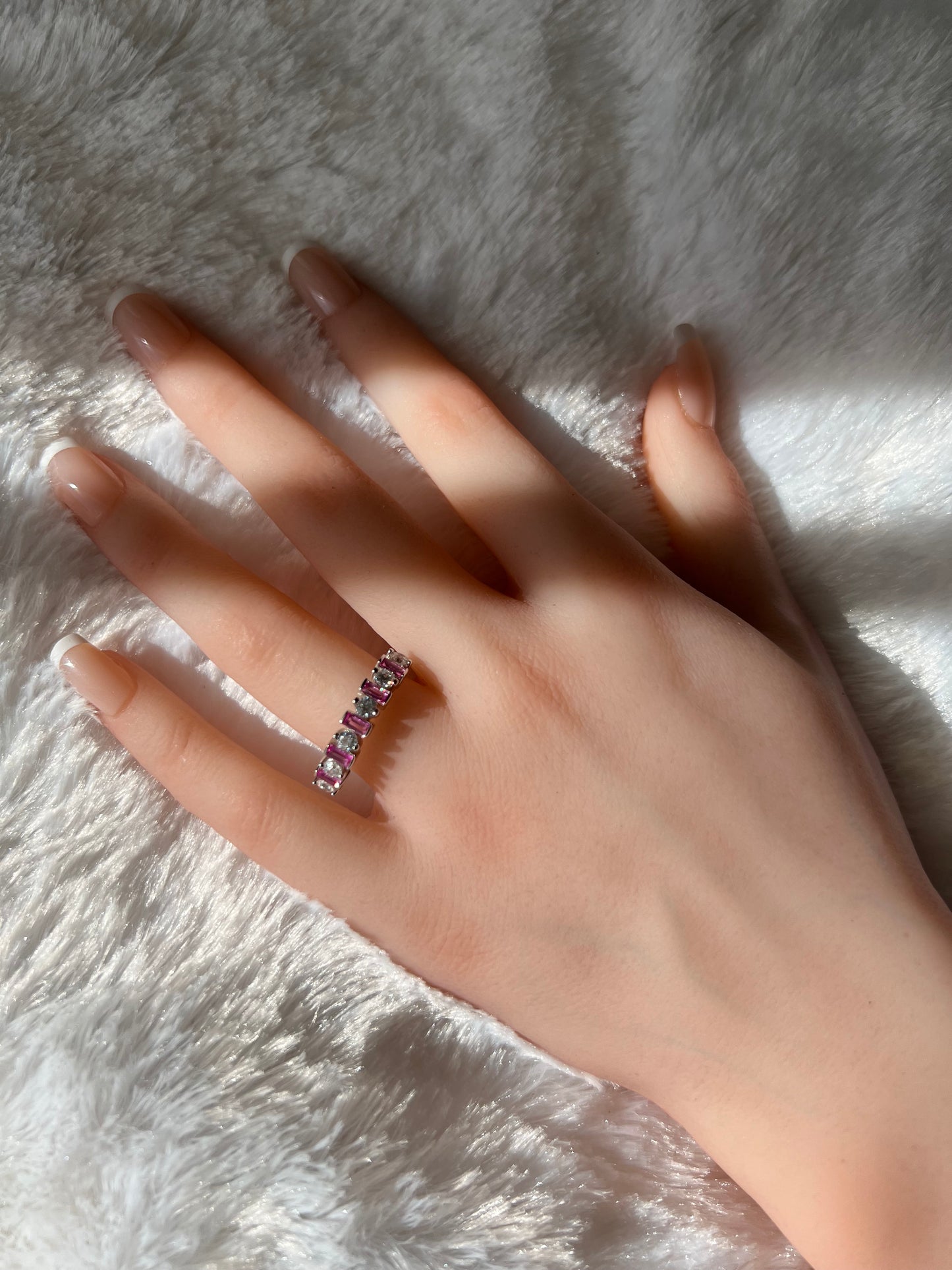 Sterling Silver Round & Baguette Pink Cubic Zirconia Band