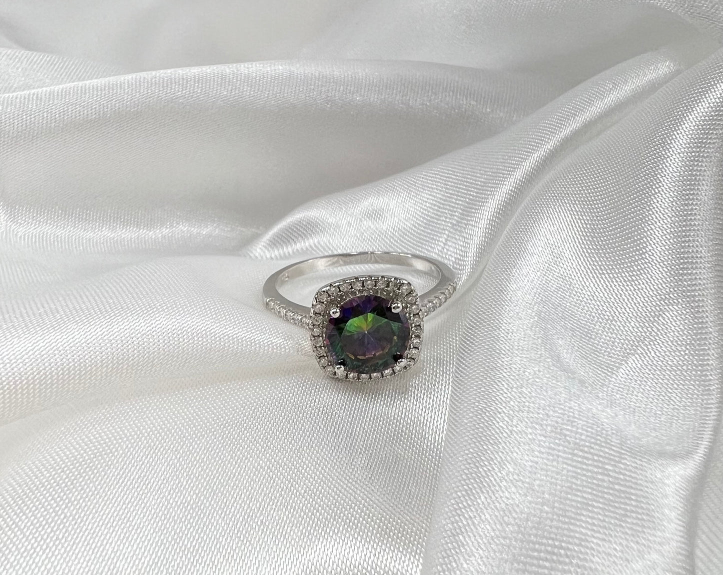 Sterling Silver Cushion Cut Rainbow Topaz & Diamond CZ Ring