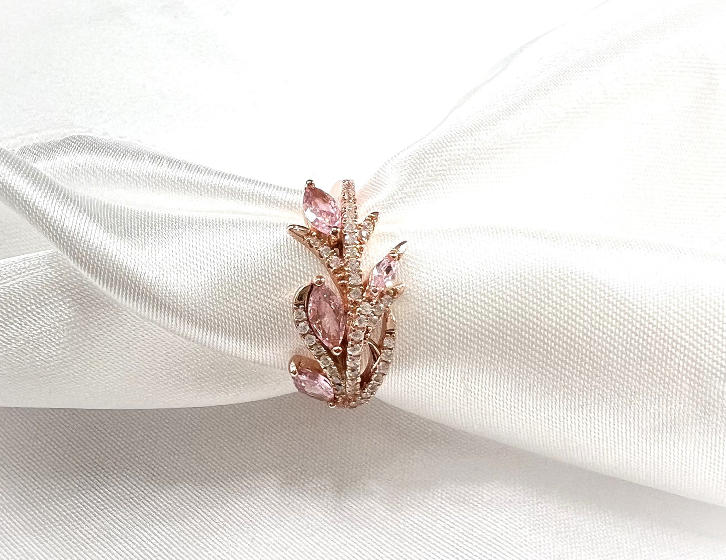 Elegant Sterling Silver Pink Ivy Diamond Cubic Zirconia Ring on Rose Gold