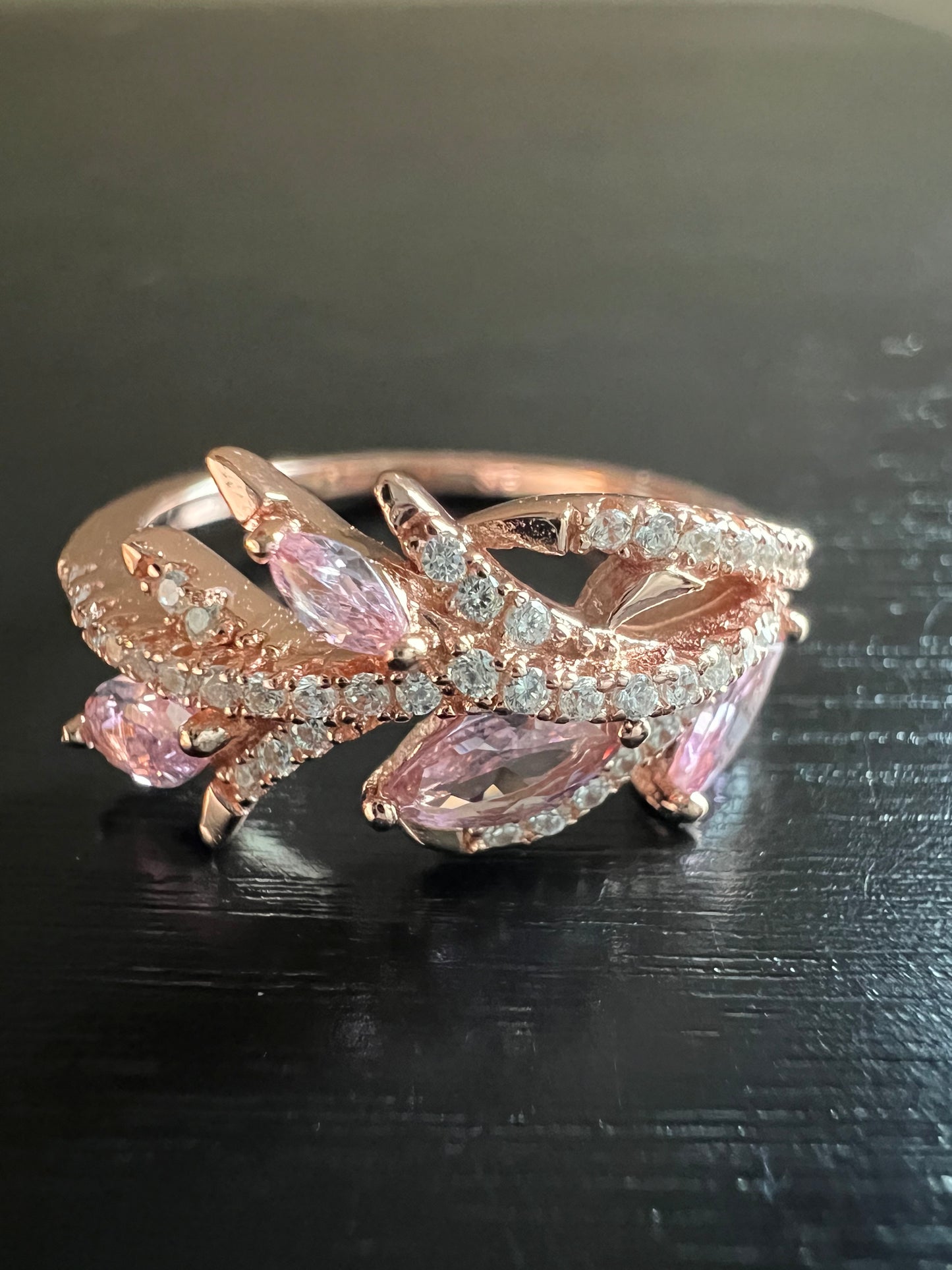 Elegant Sterling Silver Pink Ivy Diamond Cubic Zirconia Ring on Rose Gold