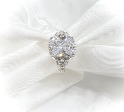 925 Sterling Silver Diamond CZ Beaded Shank Ring