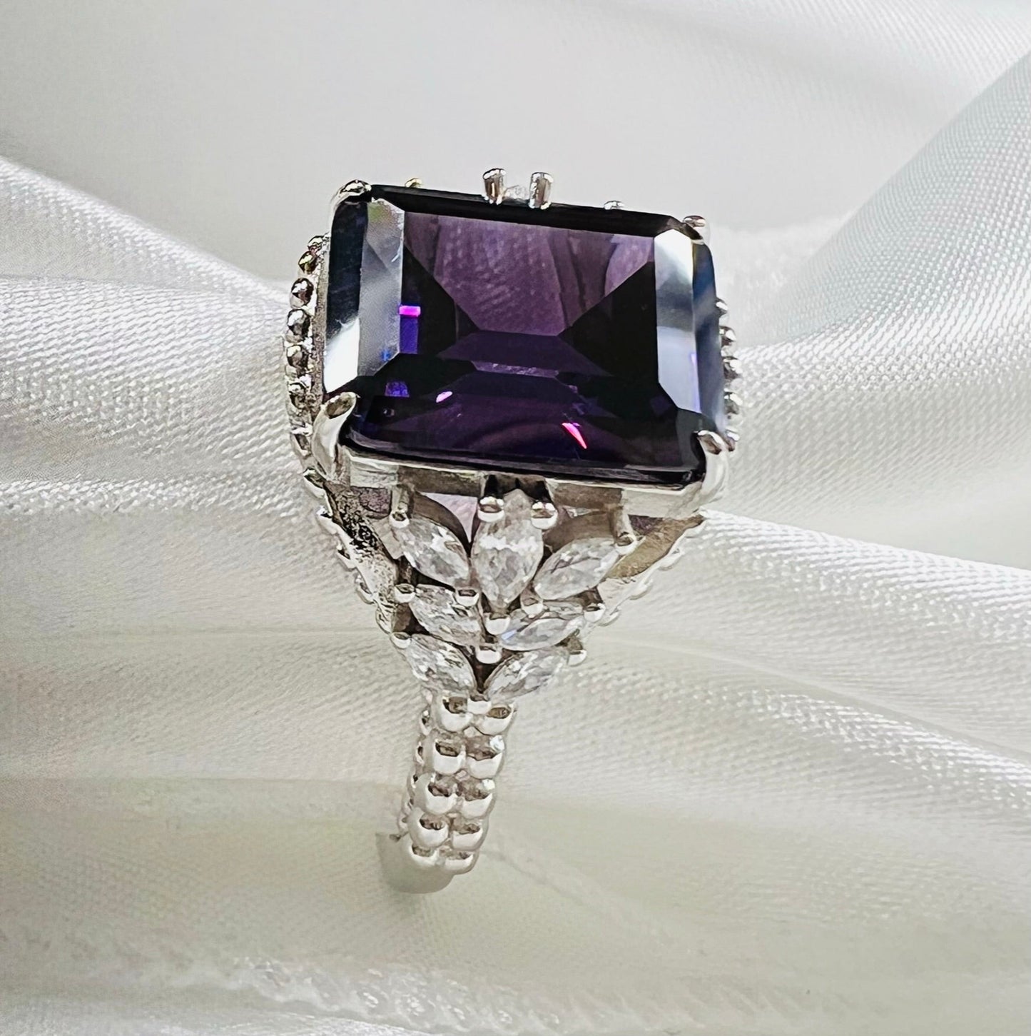 *PRE-ORDER - Emerald-Cut Purple CZ Beaded Shank 925 Sterling Silver Ring