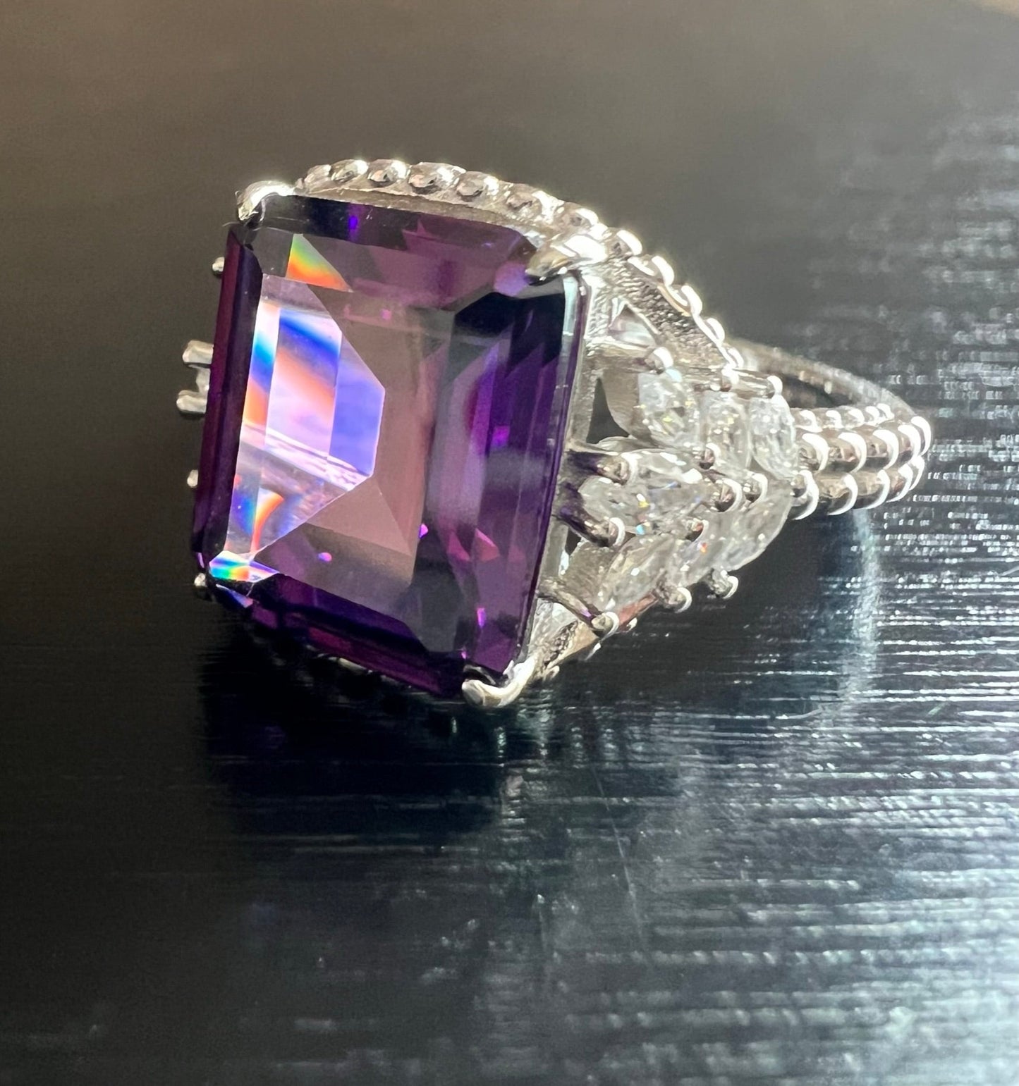 *PRE-ORDER - Emerald-Cut Purple CZ Beaded Shank 925 Sterling Silver Ring
