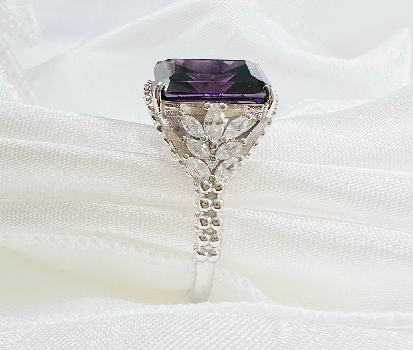 *PRE-ORDER - Emerald-Cut Purple CZ Beaded Shank 925 Sterling Silver Ring