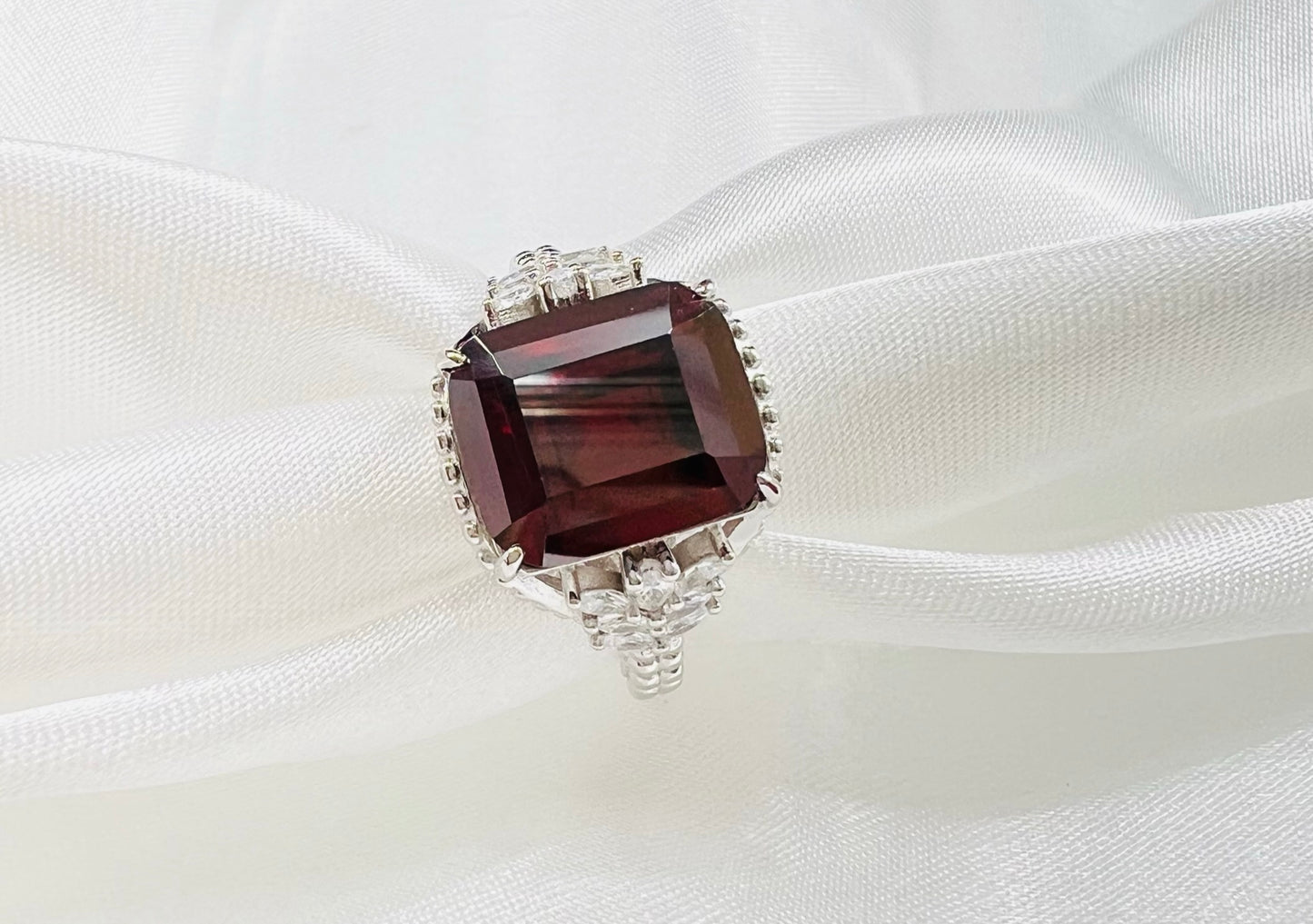 Emerald-Cut Garnet Red CZ Beaded Shank 925 Sterling Silver Ring
