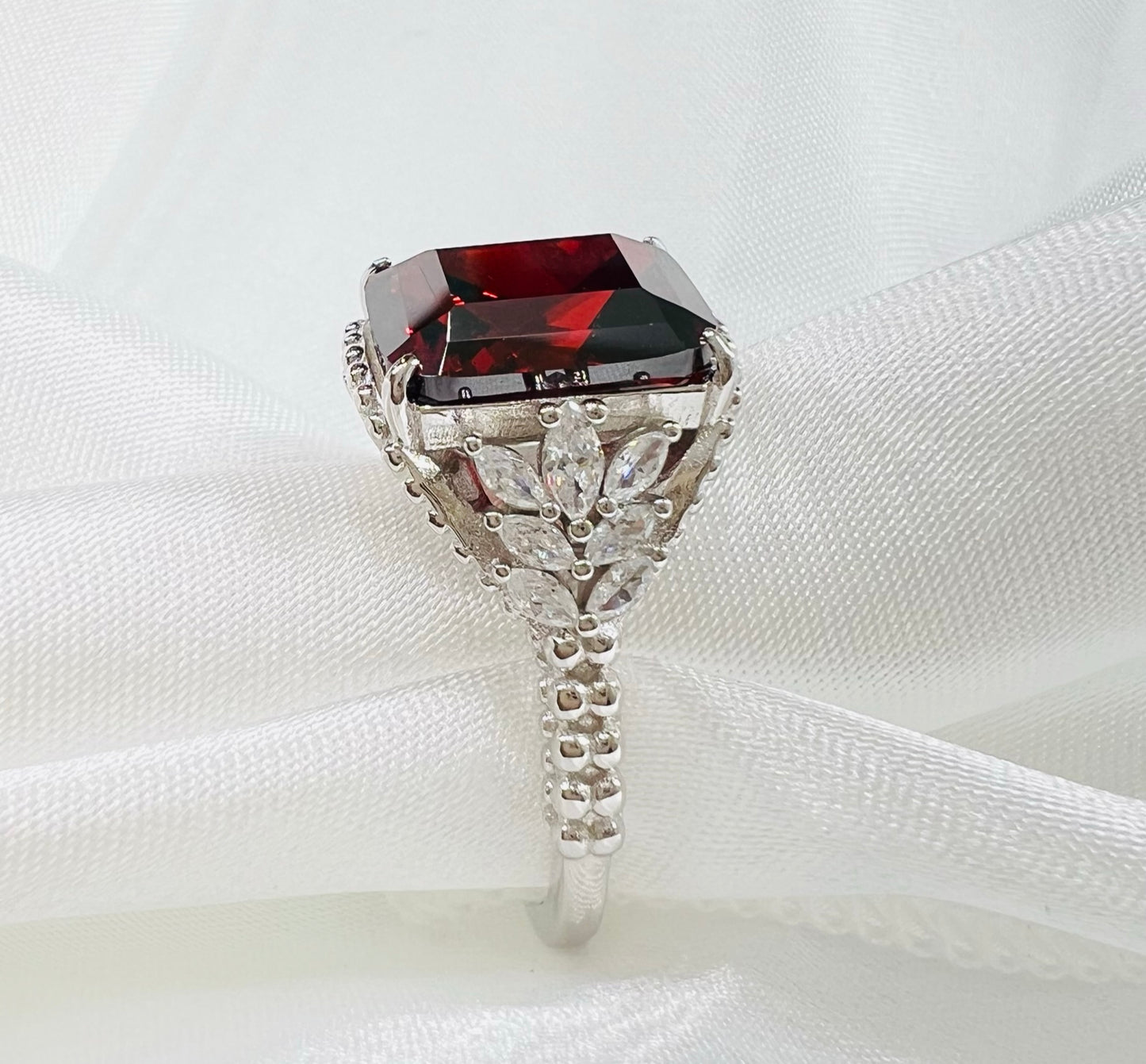 Emerald-Cut Garnet Red CZ Beaded Shank 925 Sterling Silver Ring