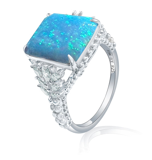 Blue Fire Opal & CZ Beaded Shank 925 Sterling Silver Ring