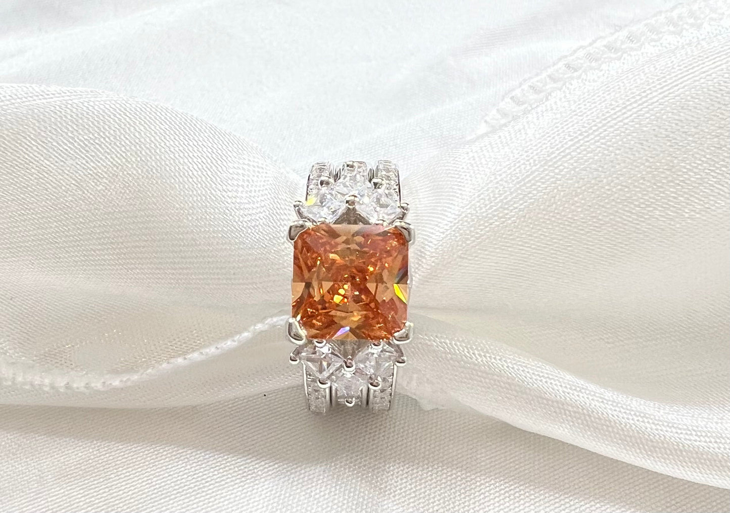 *PRE-ORDER - 925 Sterling Silver Princess Cut, Champagne Diamond CZ Tri-Band Ring