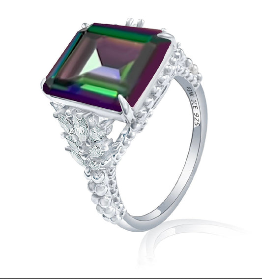*PRE-ORDER - Emerald-Cut Rainbow Topaz Beaded Shank 925 Sterling Silver Ring
