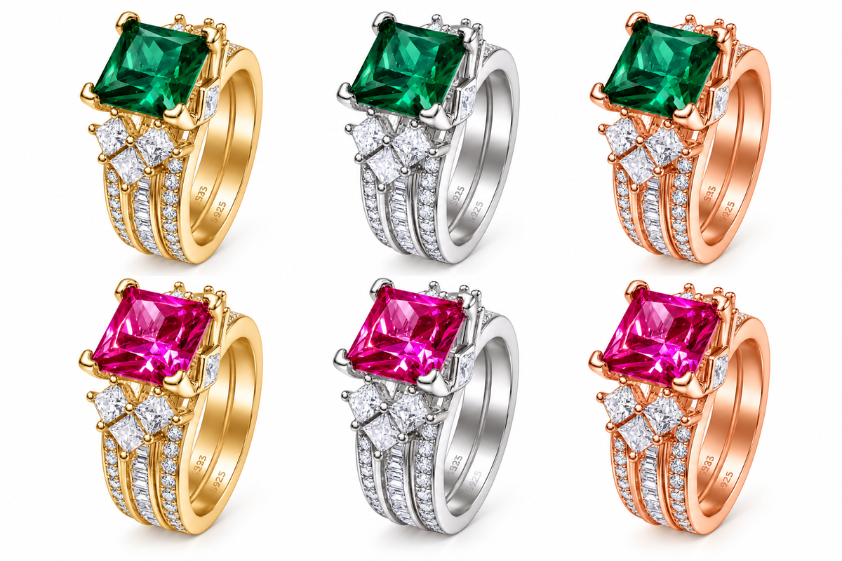 PRE-ORDER - 925 Sterling Silver Princess Cut  Rose Corundum or Emerald Green Tri-Band Ring