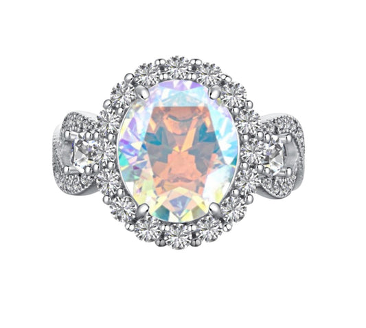 925 Sterling Silver Infinity Oval Cut Aurora Borealis CZ Ring