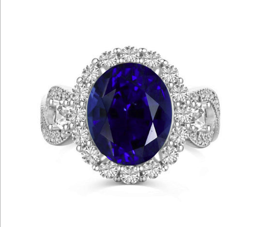 925 Sterling Silver Infinity Oval Cut Sapphire Blue CZ Ring