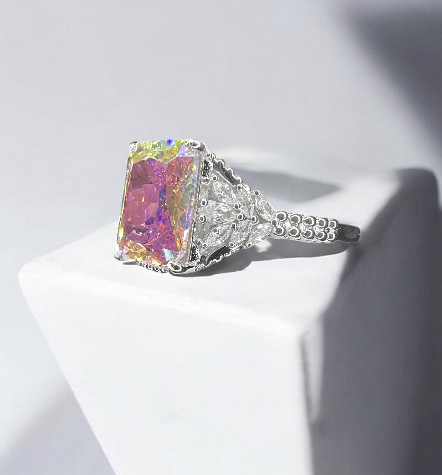 925 Sterling Silver AB CZ (Aurora Borealis) Beaded Shank Ring