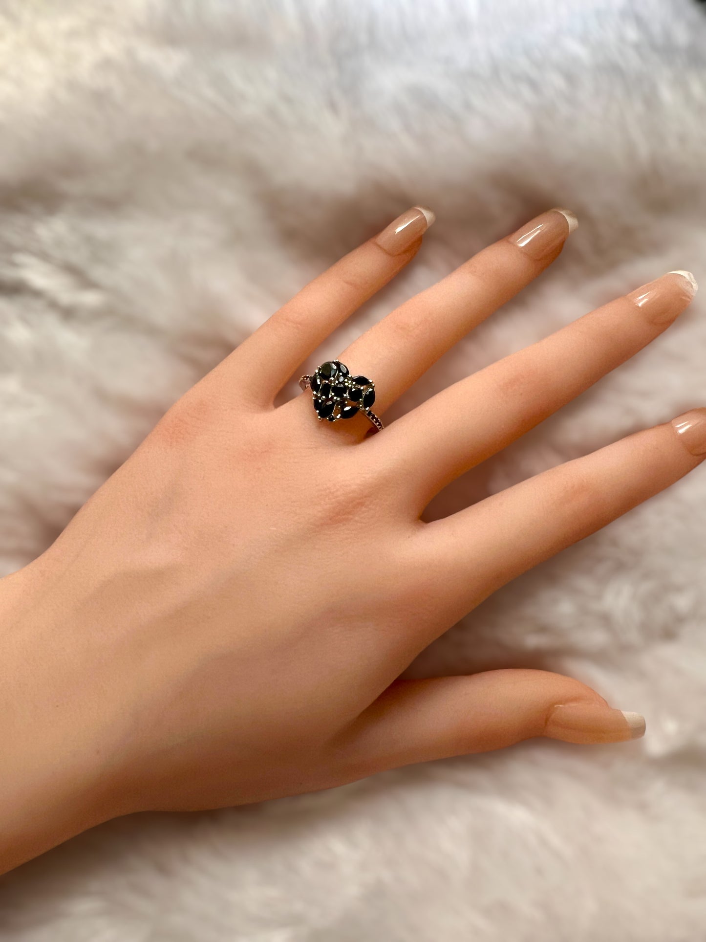 925 Sterling Silver Black Onyx Cluster Heart Ring on Rhodium or Rose Gold