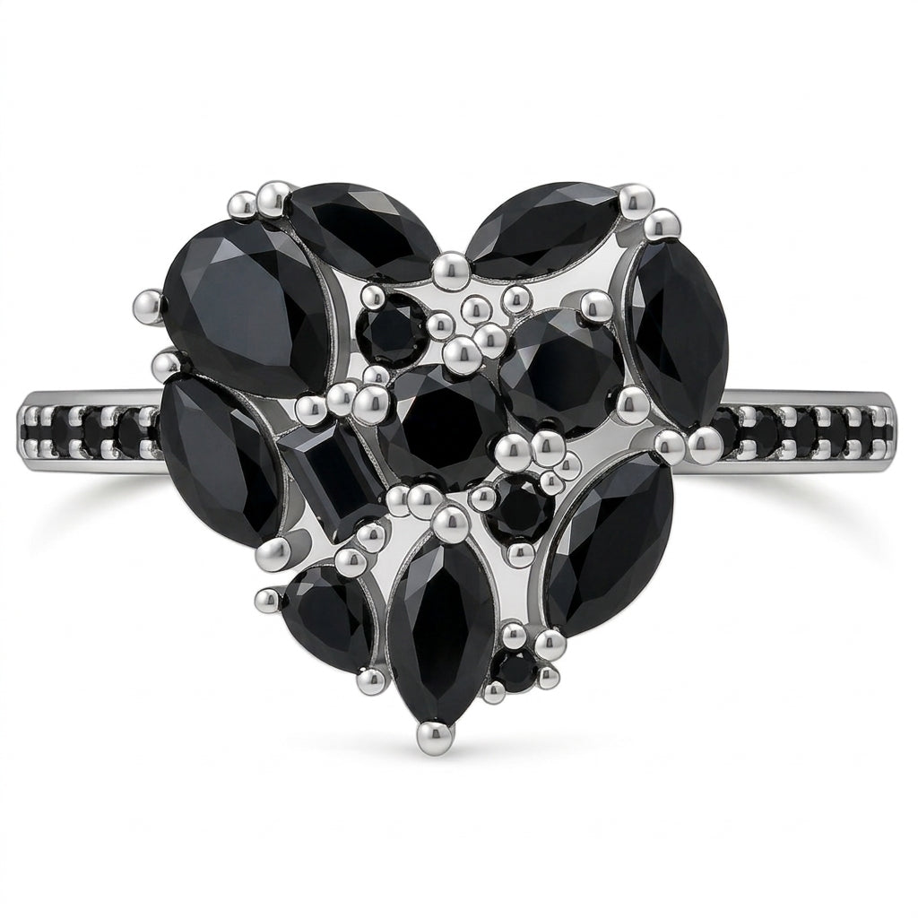 925 Sterling Silver Black Onyx Cluster Heart Ring on Rhodium or Rose Gold