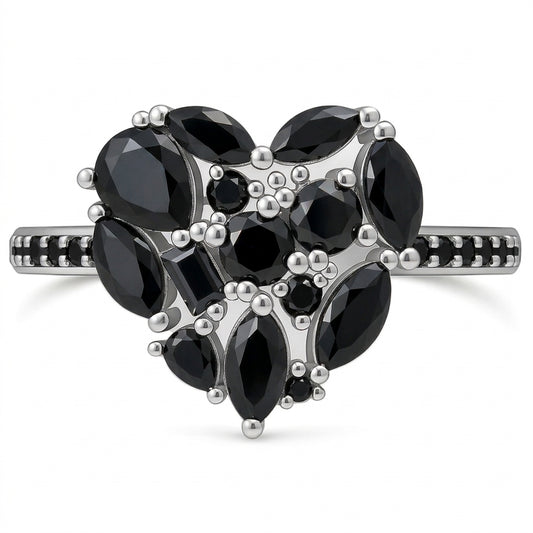 925 Sterling Silver Black Onyx Cluster Heart Ring on Rhodium or Rose Gold