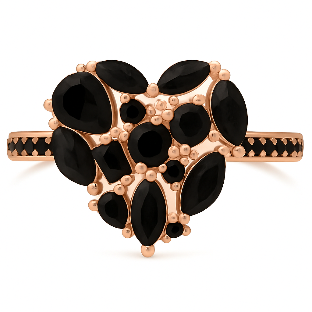 925 Sterling Silver Black Onyx Cluster Heart Ring on Rhodium or Rose Gold