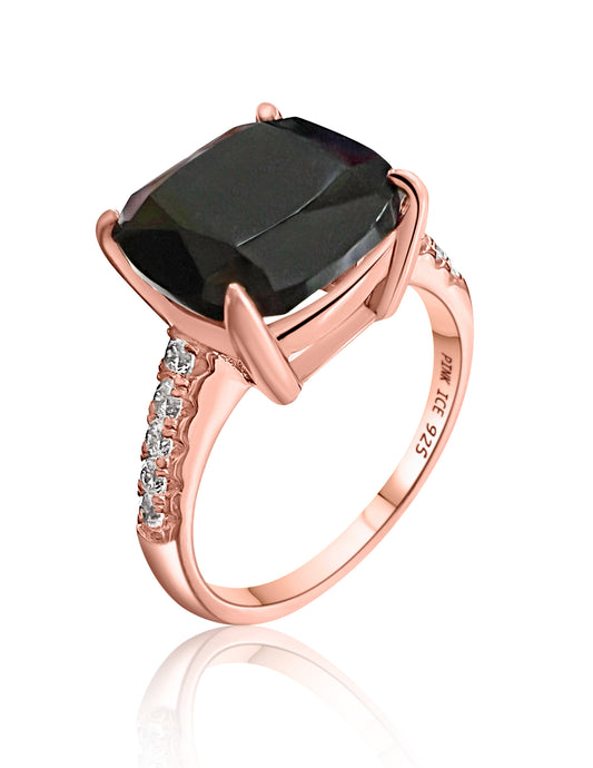 925 Sterling Silver Black Onyx Solitair Pave Band Ring in Rose Gold