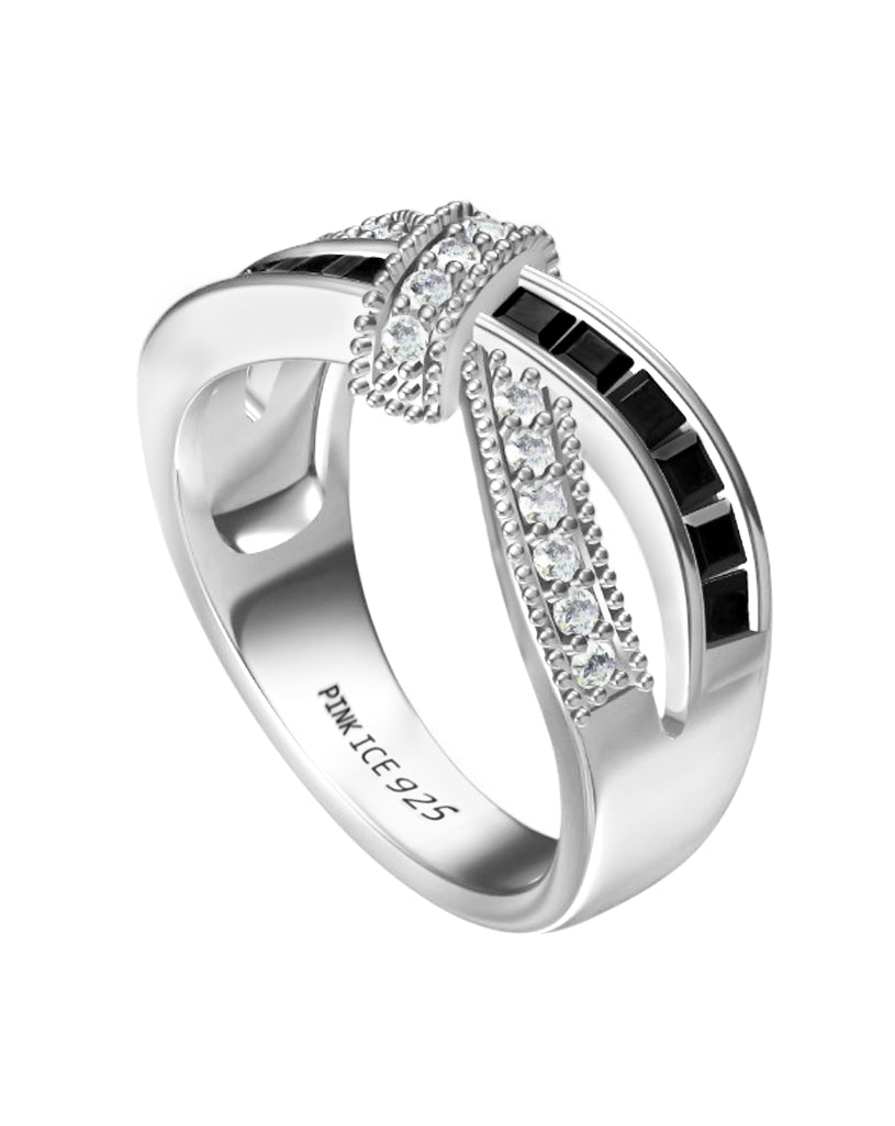 925 Sterling Silver Black Onyx & Diamond CZ Love Knot Ring