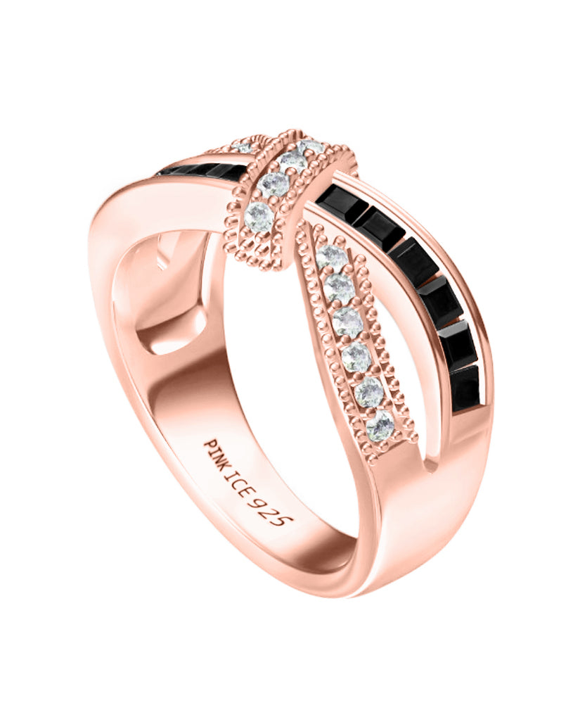 925 Sterling Silver Black Onyx & Diamond CZ Love Knot Ring on Rose Gold