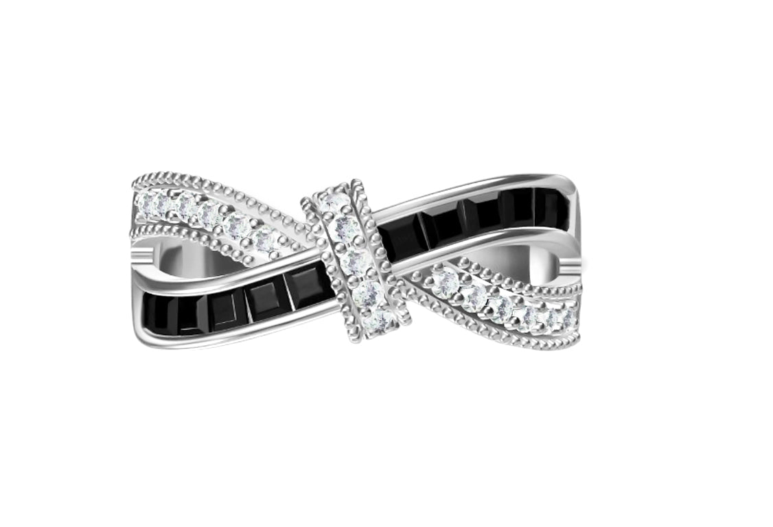 925 Sterling Silver Black Onyx & Diamond CZ Love Knot Ring