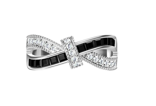 925 Sterling Silver Black Onyx & Diamond CZ Love Knot Ring