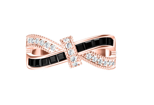 925 Sterling Silver Black Onyx & Diamond CZ Love Knot Ring on Rose Gold
