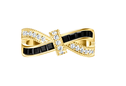 925 Sterling Silver Black Onyx & Diamond CZ Knot Ring on Yellow Gold