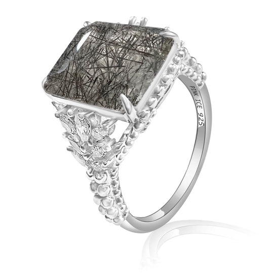 925 Sterling Silver Genuine Black Rutilated Quartz Beaded Shank Ring