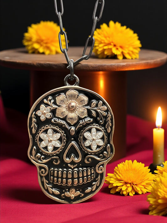 925 Sterling Silver Black & Rose Gold Sugar Skull Pendant Necklace