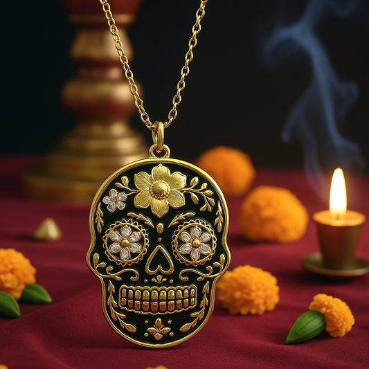925 Sterling Silver Black & Yellow Gold Sugar Skull Pendant Necklace